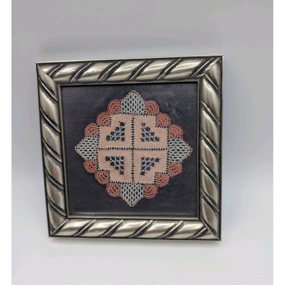 Vintage Framed Handmade Lace Needlework Textile Art Peach Cream Silver Frame 6"